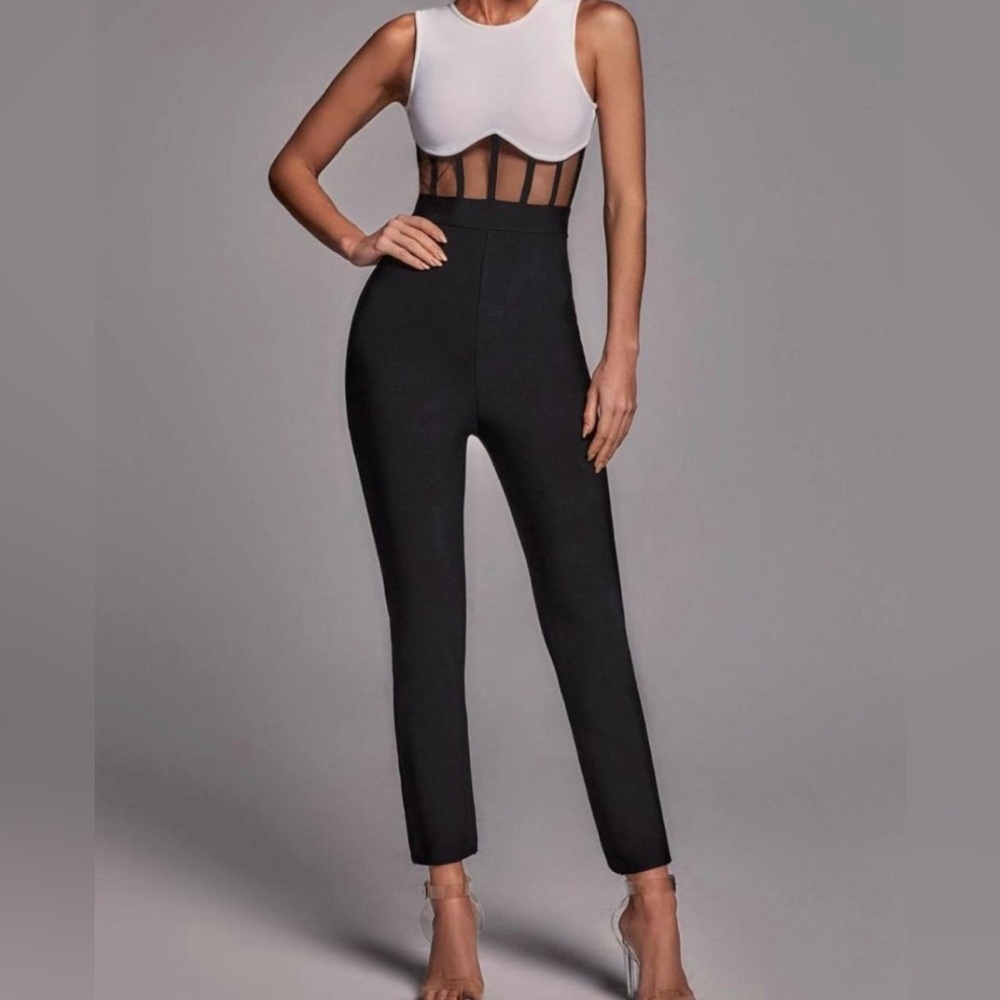 Chic Black and White Mesh Jumpsuit